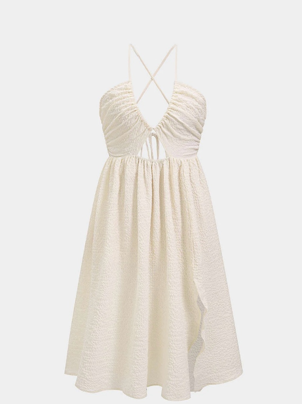 Backless V-neck Slit Midi
Dress in Wheat -Micas size M